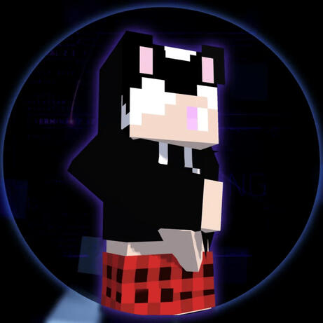 The image features a Minecraft-style avatar with ears, wearing a black hoodie and a red and black plaid skirt. The character is set against a dark background with a glowing blue circle and some barely visible text overlay.